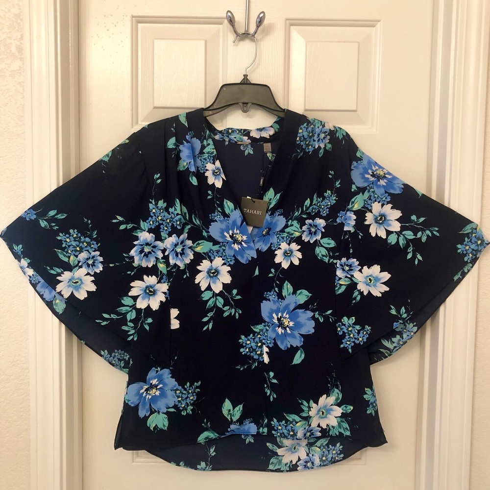 Tahari Blue Floral Kimono Blouse